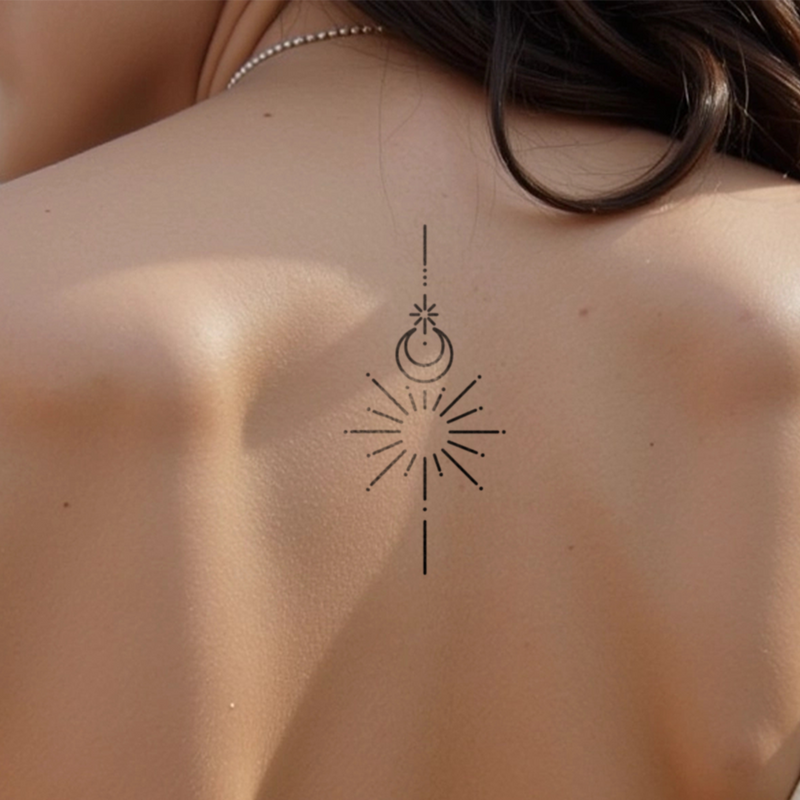 Small moon and sun ornament tattoo
