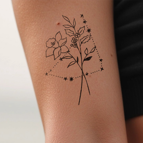 Birth flowers & zodiac sign combination tattoo 